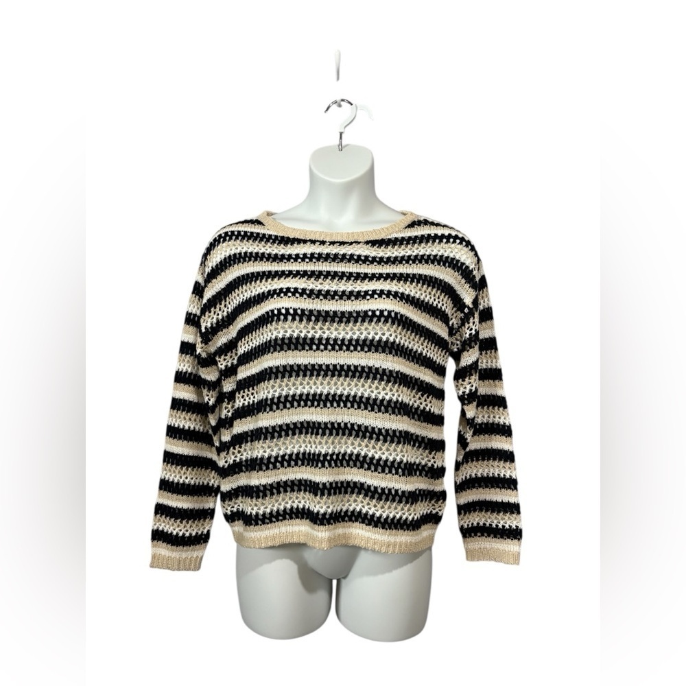 NEW, Laura, Striped Open-Knit Sweater, XL, Black, White, Cream - Picture 4 of 9